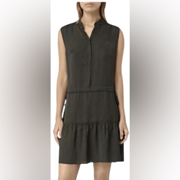 Allsaints Polka Dot Dress New Lin Black Size 4 Cinch Drawstring Mini Button Up - Picture 4 of 13
